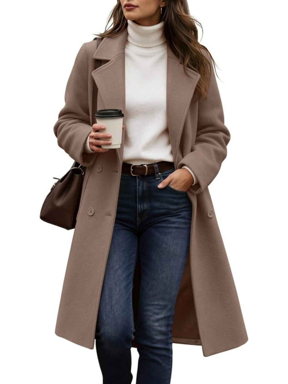 Chic Women's Winter Peacoat, Notch Lapel, Double Breasted, Mid-Length Coat